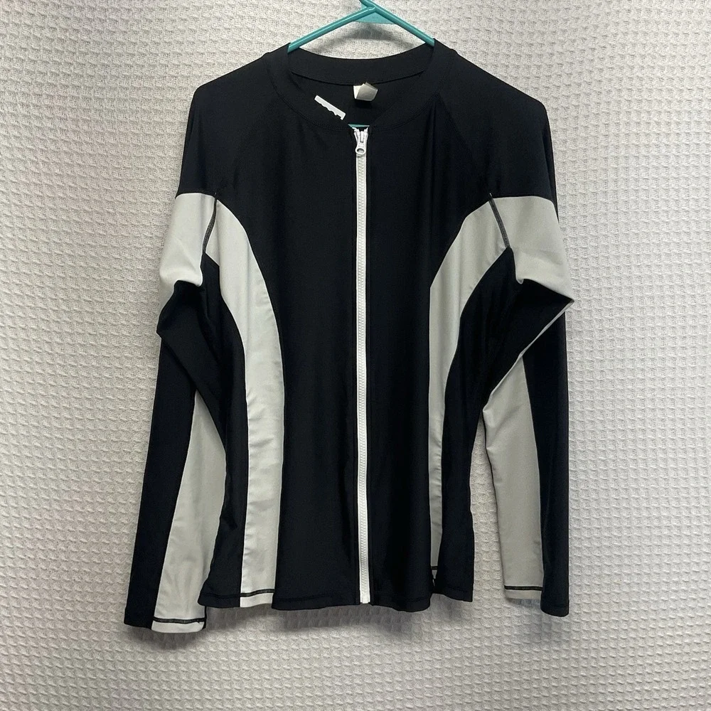 ATTRACO Black and White Color-Block Long Sleeve Swim Shirt UPF50+ Rash guard XL